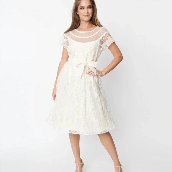 Unique Vintage Dresses & Skirts - NWOT Unique Vintage White Burnout Rose Flare Dress